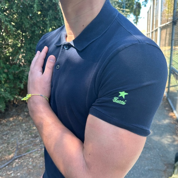 GUCCI SHOOTING LUCKY STAR NEON VOLT GREEN NAVY BLUE UNIFORM POLO SHIRT TENNIS S - Picture 4 of 16